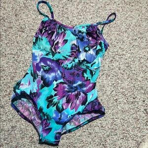 Vintage Floral One-Piece Swimsuit‎ Purple Blue Teal | 90s Y2K Swim
